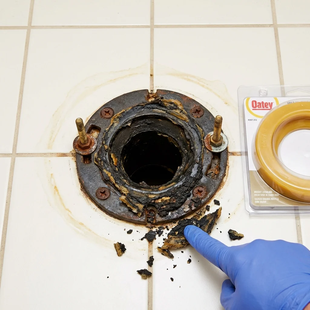 Failed wax ring showing water seepage at the base of a toilet in a Rockford, MN home