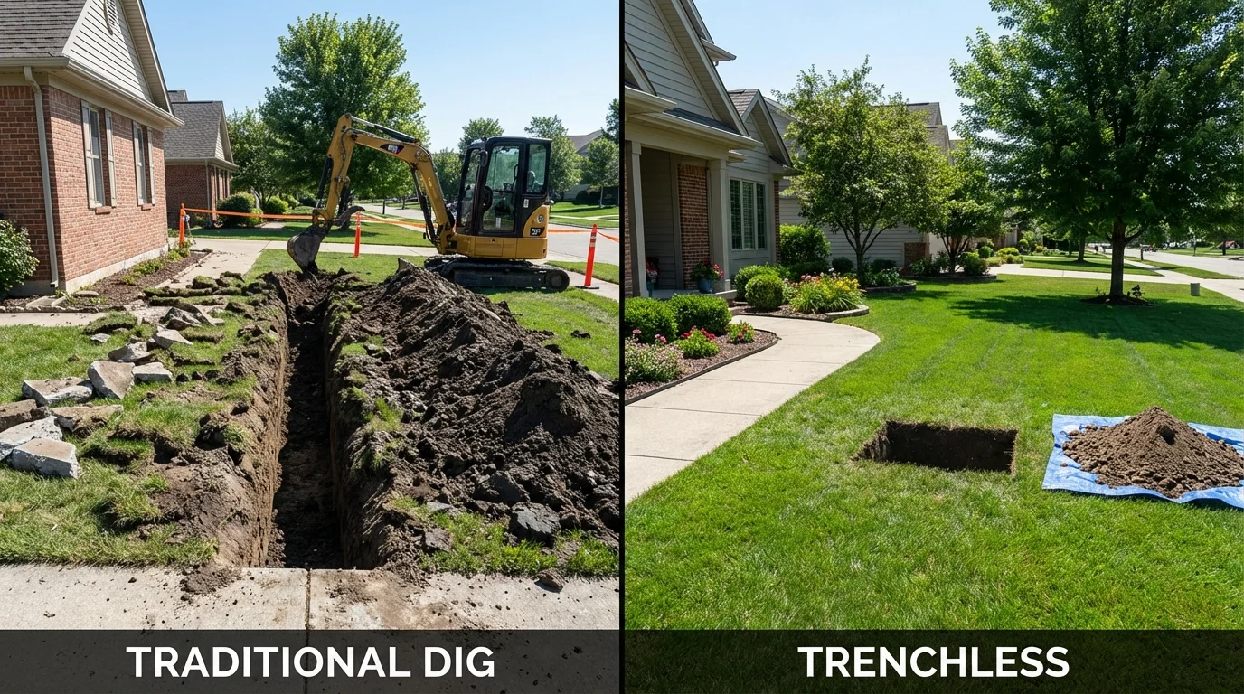 Trenchless sewer repair with minimal yard damage versus traditional excavation in Rockford, MN