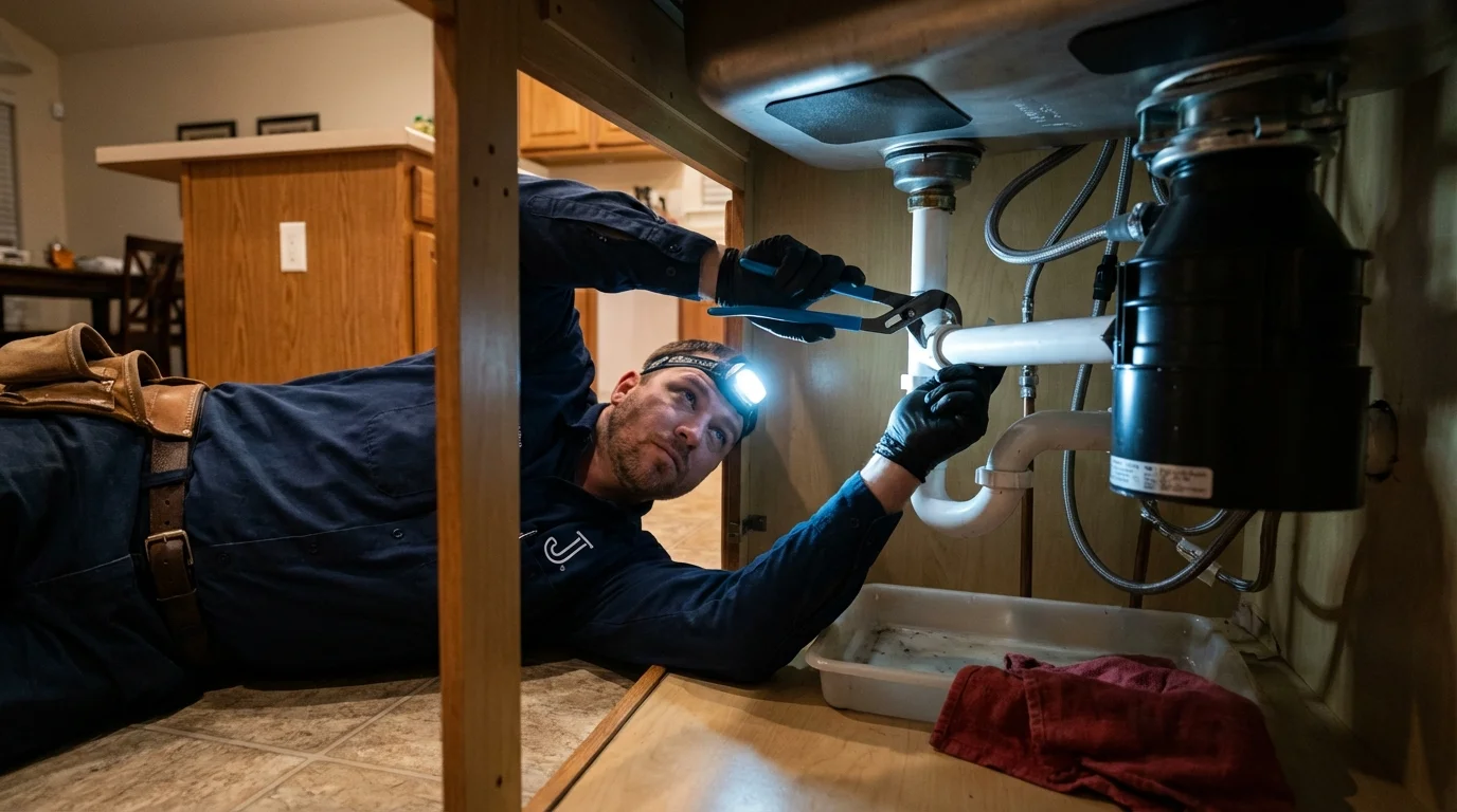 P-trap and supply line connections under a kitchen sink showing a common leak point in Rockford, MN